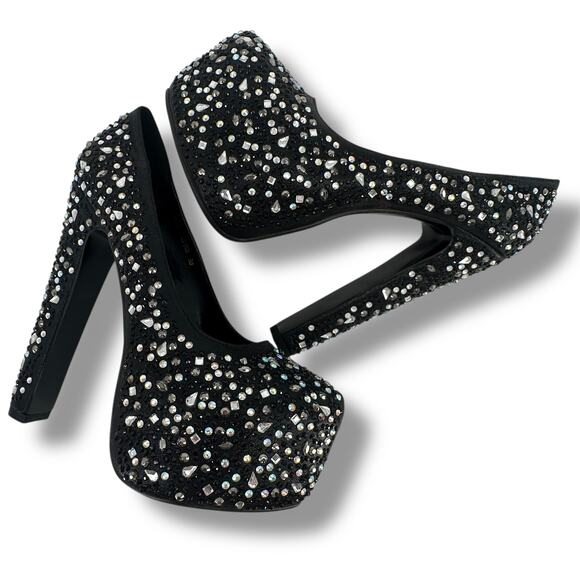 Delite Caroline Black Rhinestone Platform Pumps Heels Womens Size 38 7.5 8 - Picture 5 of 12